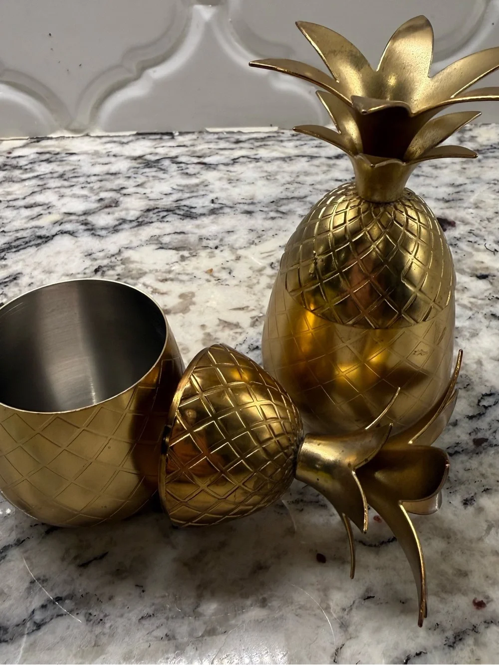 Vintage Solid Brass Pineapple Lidded Containers Set of 2 Trinket Boxes MCM